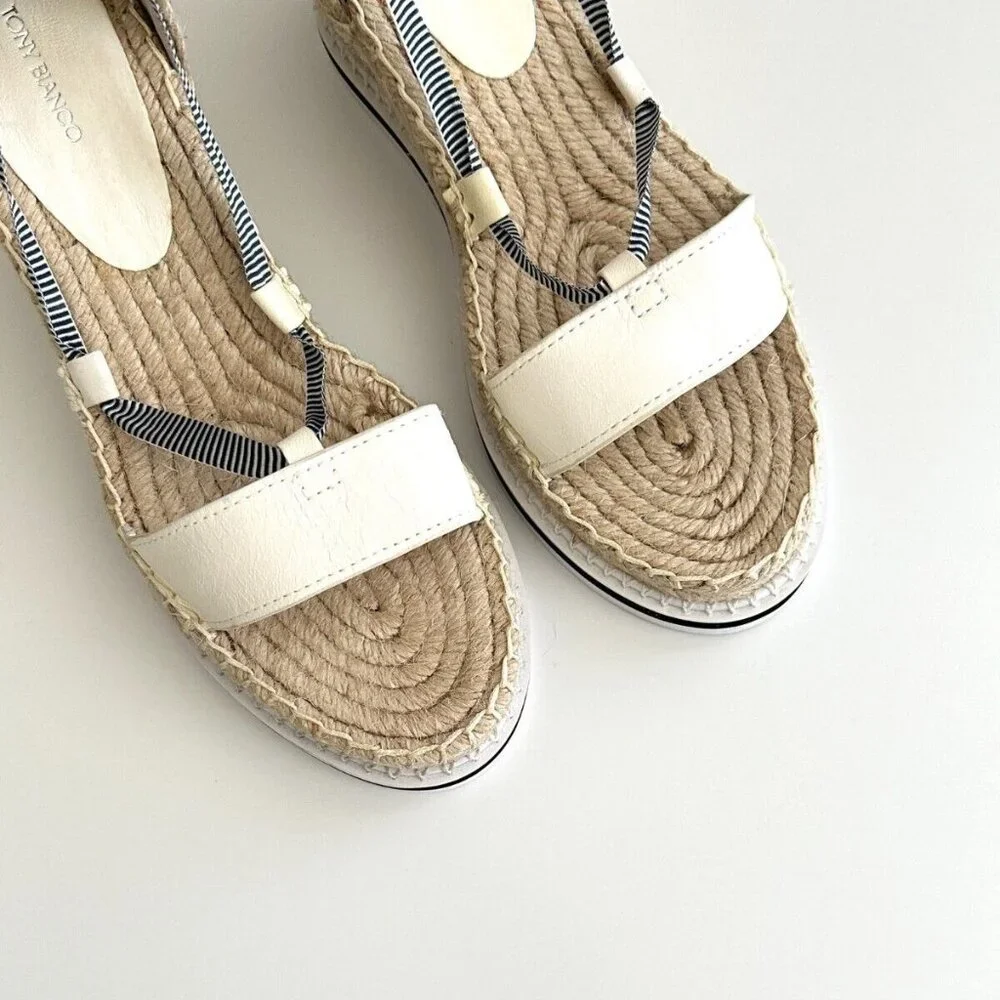 NEW TONY BIANCO Ankle Wrap Espadrille Wedge Sandals in White/Blue Stripe Size 8